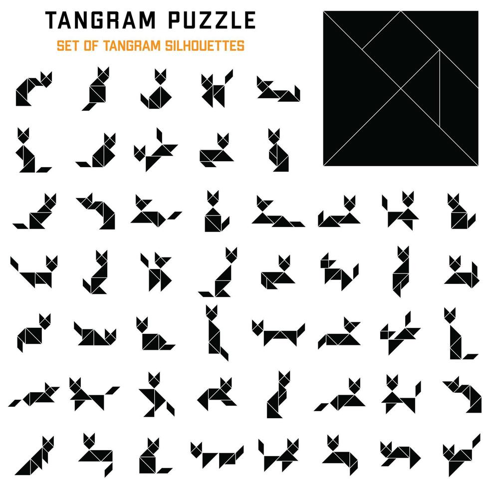 Tangram puzzle. Silhouettes of tangram cats in different poses. Jigsaw for kids. Vector set. Vector illustration