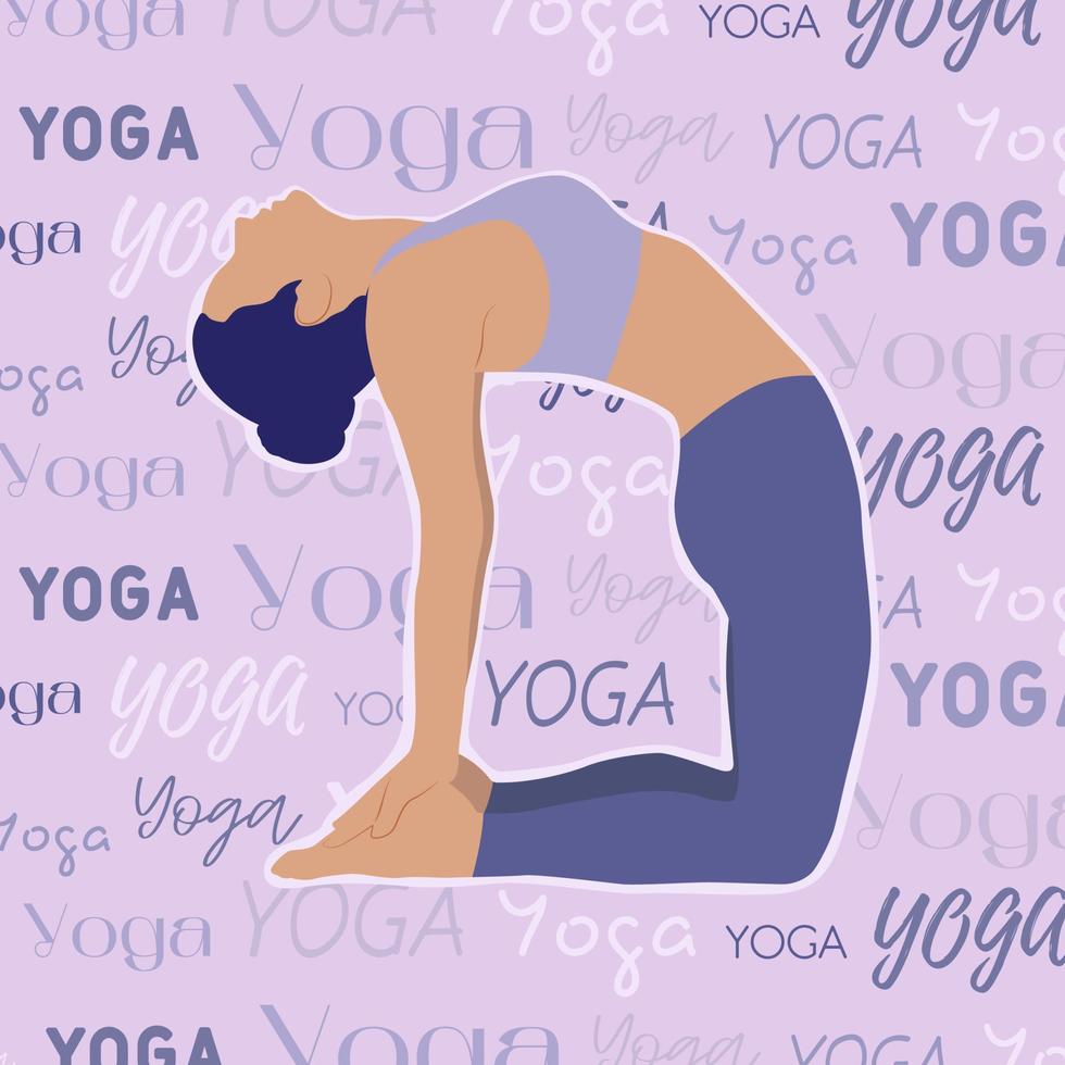 Beautiful poster with woman practicing yoga. Background with text of different fonts. Modern illustration with yoga. Vector illustration