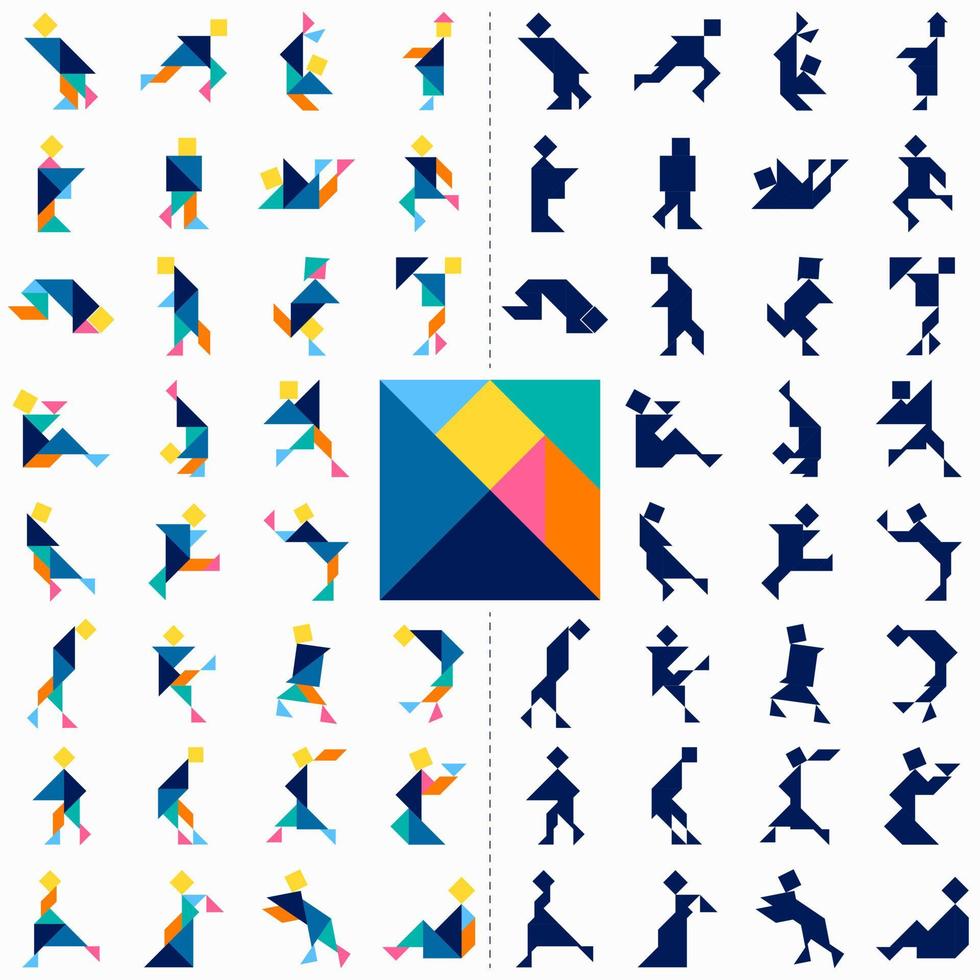 Tangram puzzle. Set of tangram people in different poses. Big vector set. Color and silhouette tangram. Vector illustration.