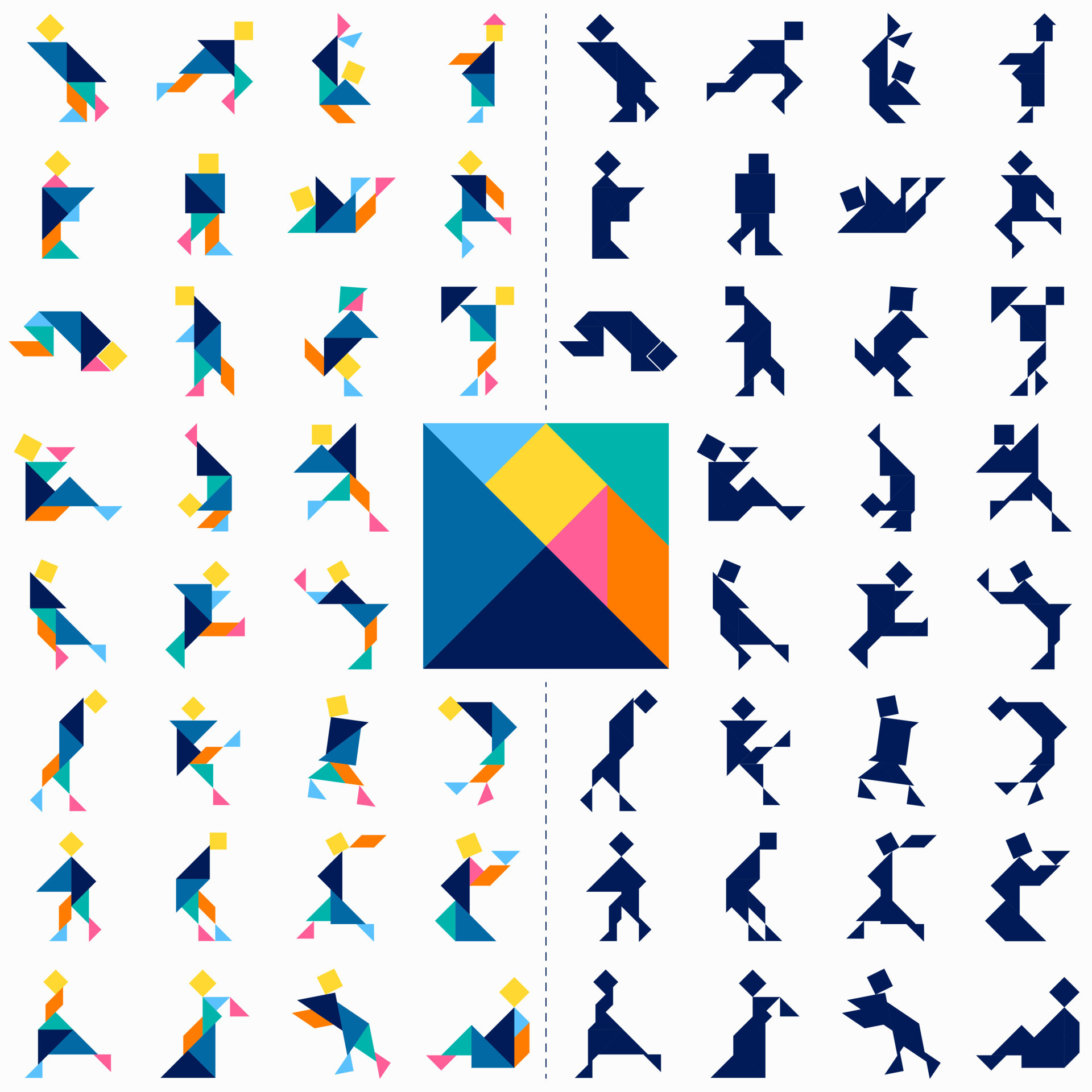 Tangram puzzle Set of tangram people in different poses Big vector