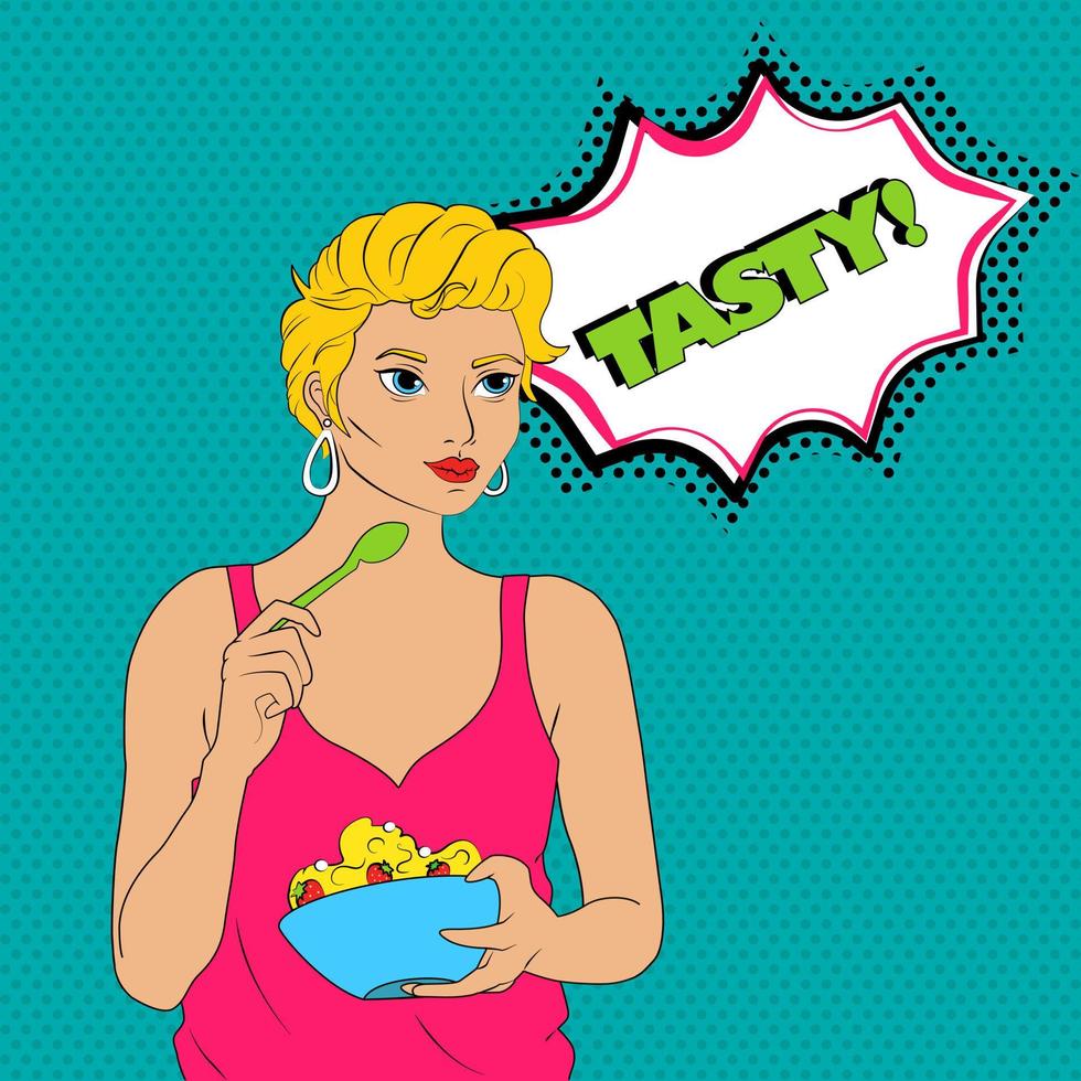 Beautiful blonde with dessert. Pop art style. Tasty. Vector illustration