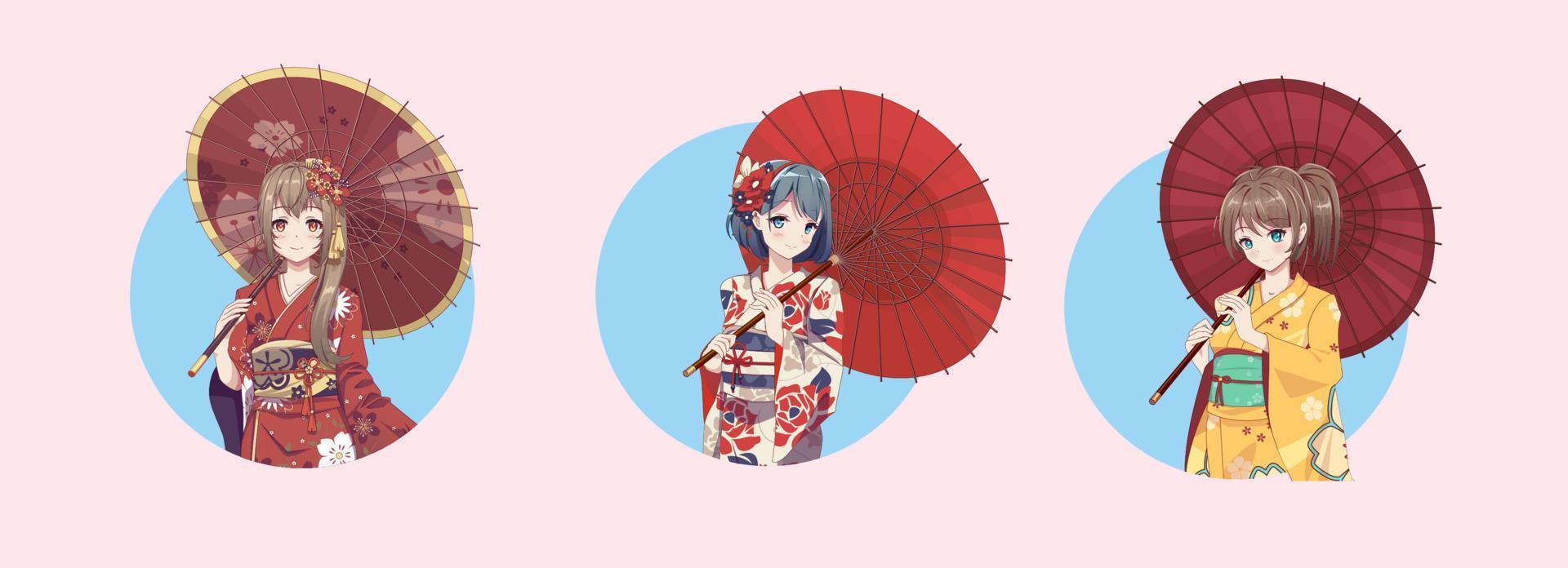 Anime manga girl cartoon characters. Girl wearing Japanese kimono with umbrella. Isolated Round Icons. vector