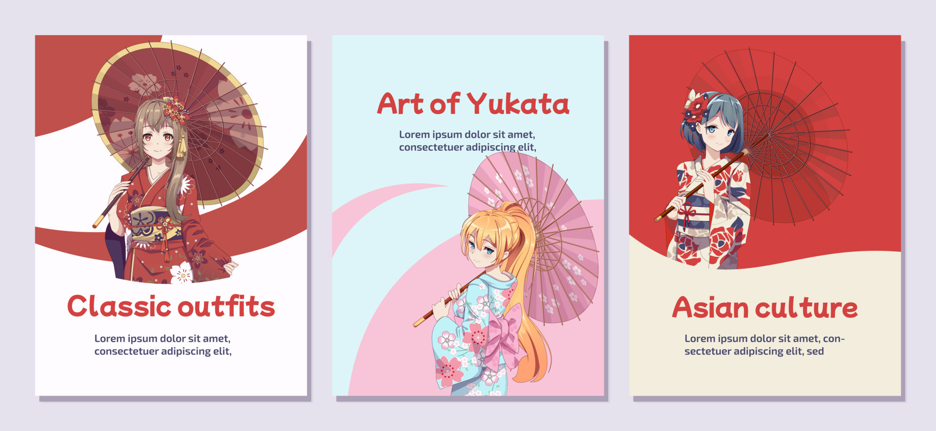 Poster or flyer. Anime manga girls in traditional Japanese kimono costume  holding paper umbrella. Vector illustration on isolated background 10933613  Vector Art at Vecteezy