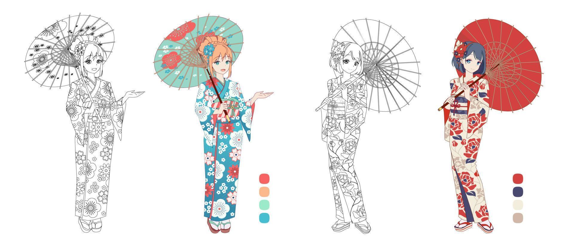 Anime manga girl wearing Japanese kimono. Contour vector illustration for  coloring book. Monochrome and colored versions 10933614 Vector Art at  Vecteezy