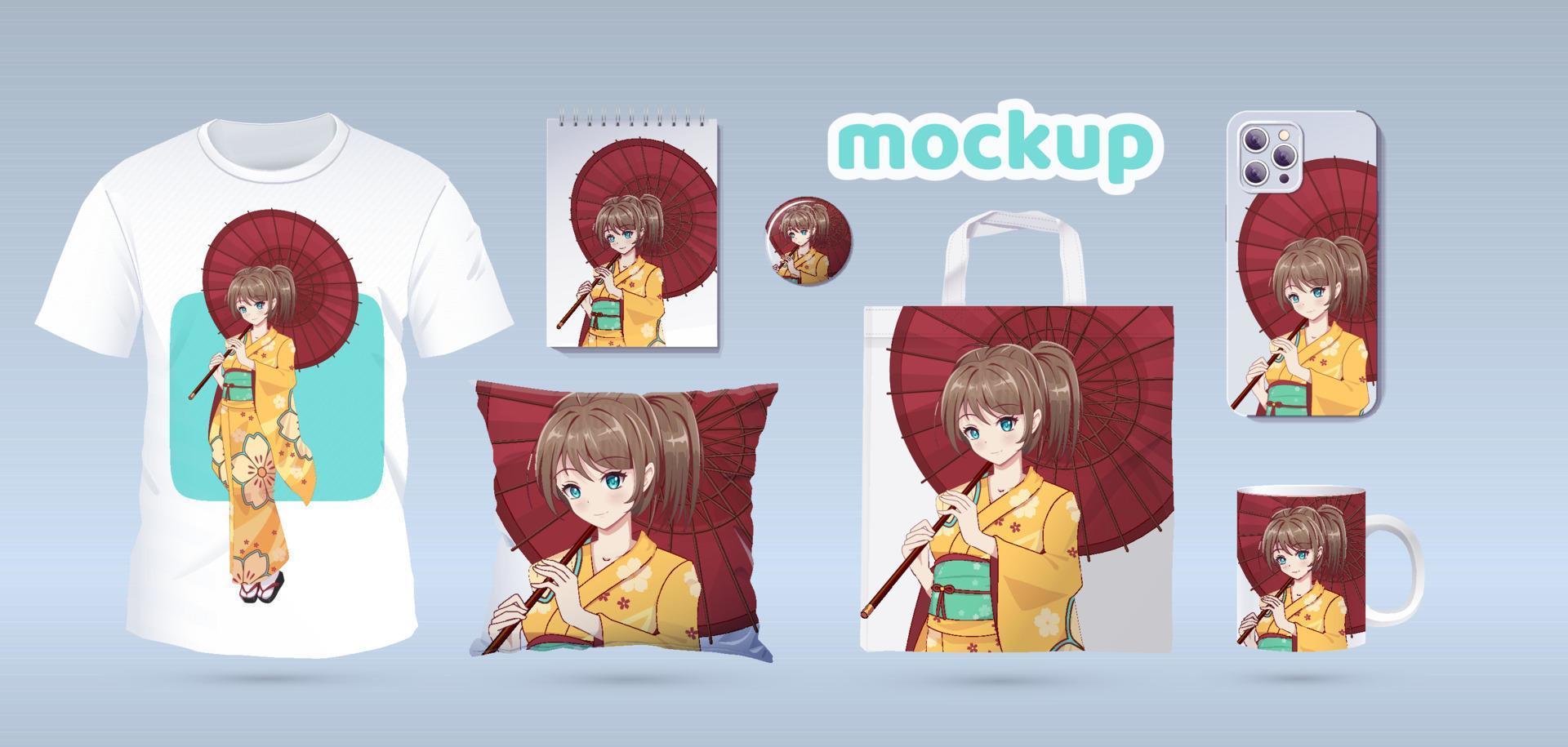 Anime Manga girl in traditional kimono. Identity branding mockup set top view. Prints on t-shirts, sweatshirts, cell phone cases, bags, souvenirs. Isolated vector illustration on white background