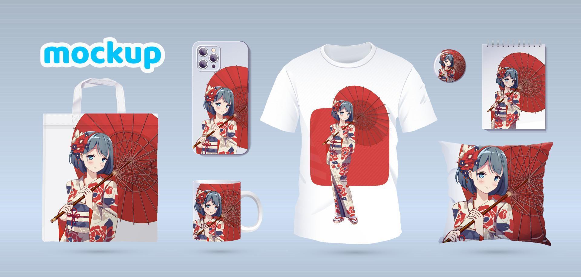 chica manga anime en kimono tradicional. Vista superior del conjunto de maquetas de marca de identidad. estampados en camisetas, sudaderas, fundas de celular, bolsos, souvenirs. ilustración vectorial aislada sobre fondo blanco vector