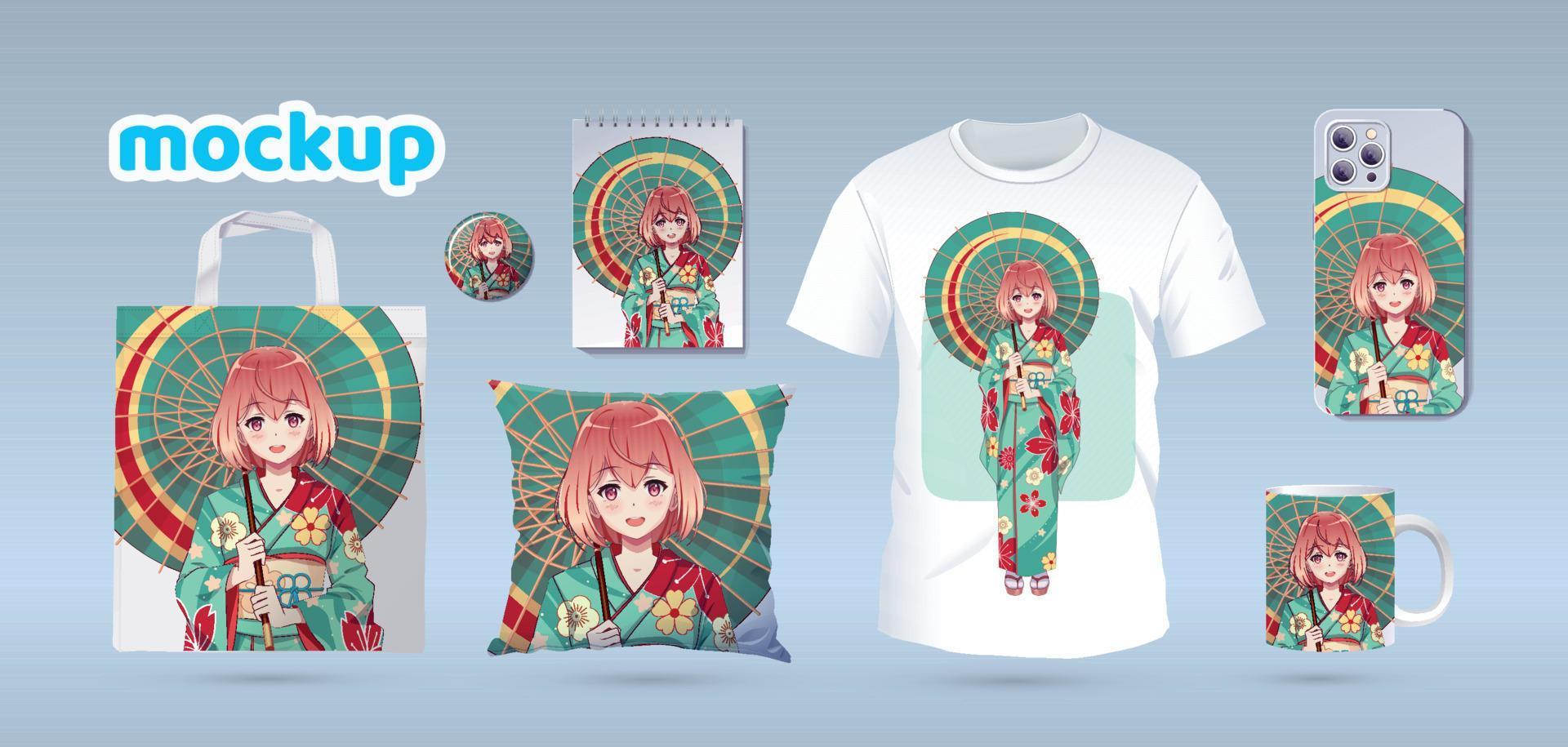 Anime Manga girl in traditional kimono. Identity branding mockup set top view. Prints on t-shirts, sweatshirts, cell phone cases, bags, souvenirs. Isolated vector illustration on white background