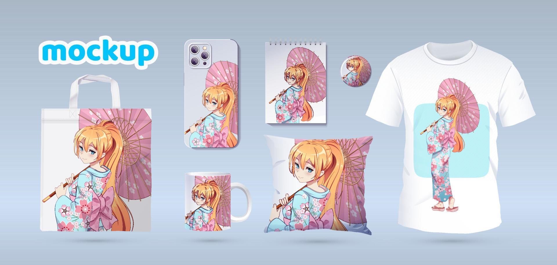 Anime Manga girl in traditional kimono. Identity branding mockup set top view. Prints on t-shirts, sweatshirts, cell phone cases, bags, souvenirs. Isolated vector illustration on white background