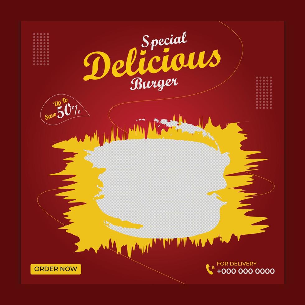 Delicious burger and food menu social media post banner design template vector