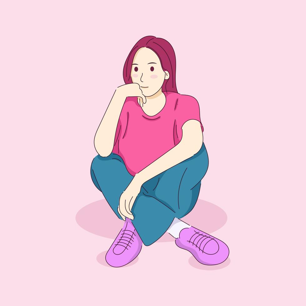 mujer de belleza dibujada a mano sentada y pensando pose moda vector