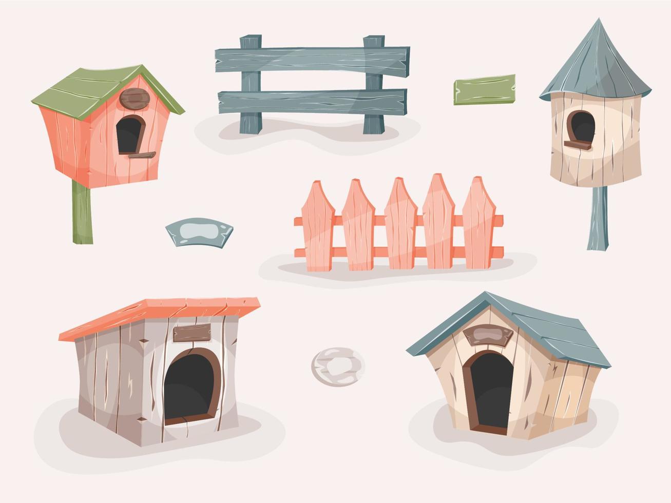 barchiteSet of doghouses, birdhouses and fences. Colourful cartoon style wooden houses, feeders. Barchitecture.cture vector