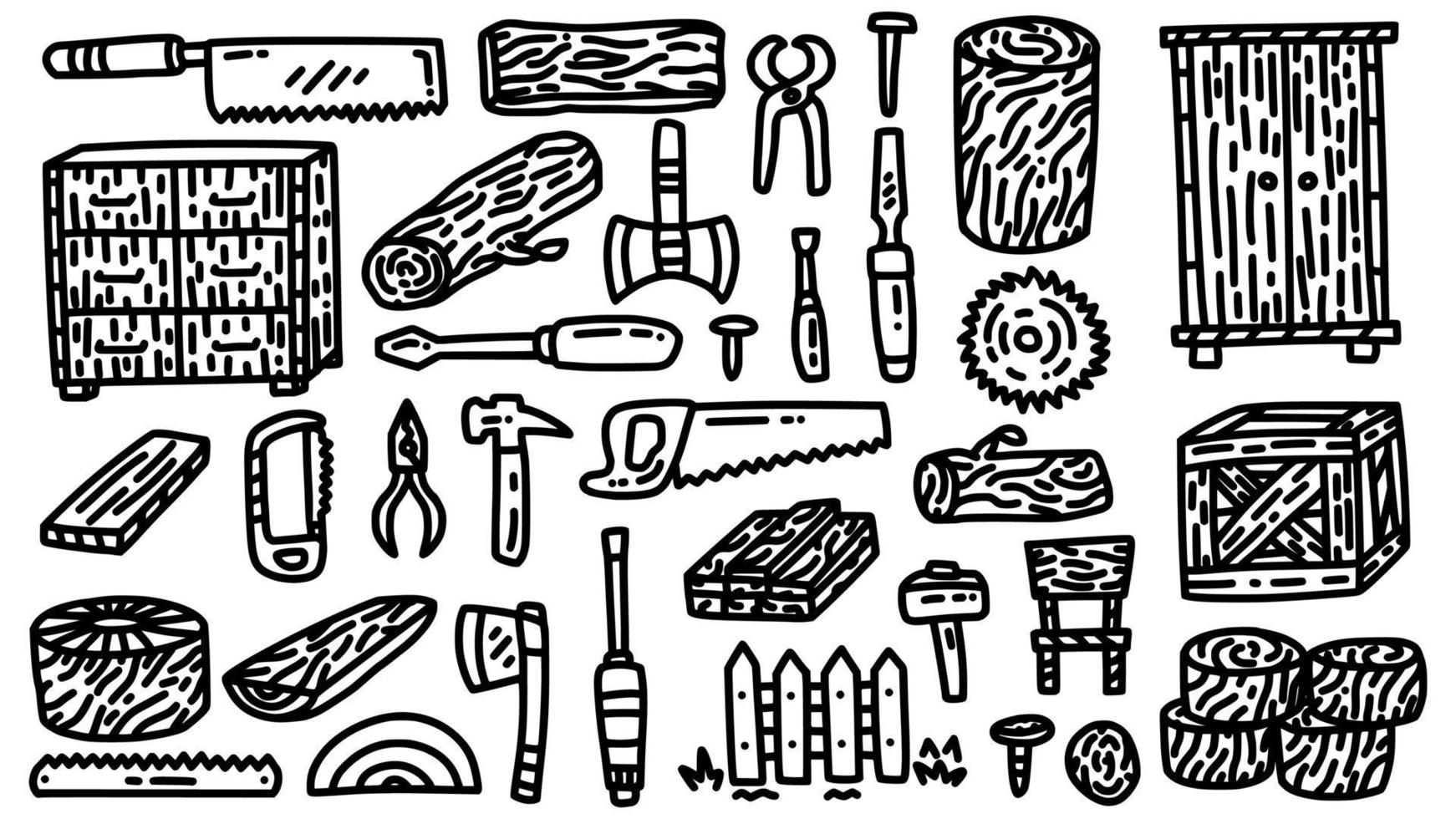 carpentry and wood icon set with doodle hand drawn outline art style vector collection