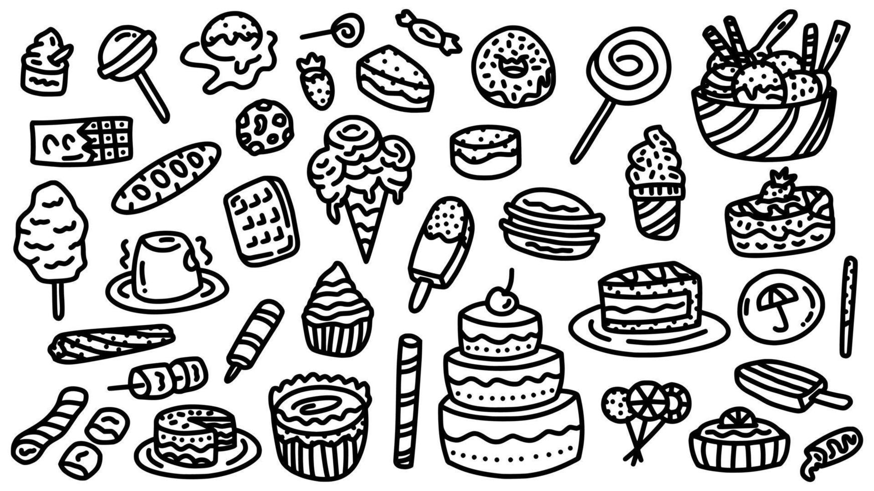 bakery and sweet food icon set with doodle hand drawn outline art style vector collection