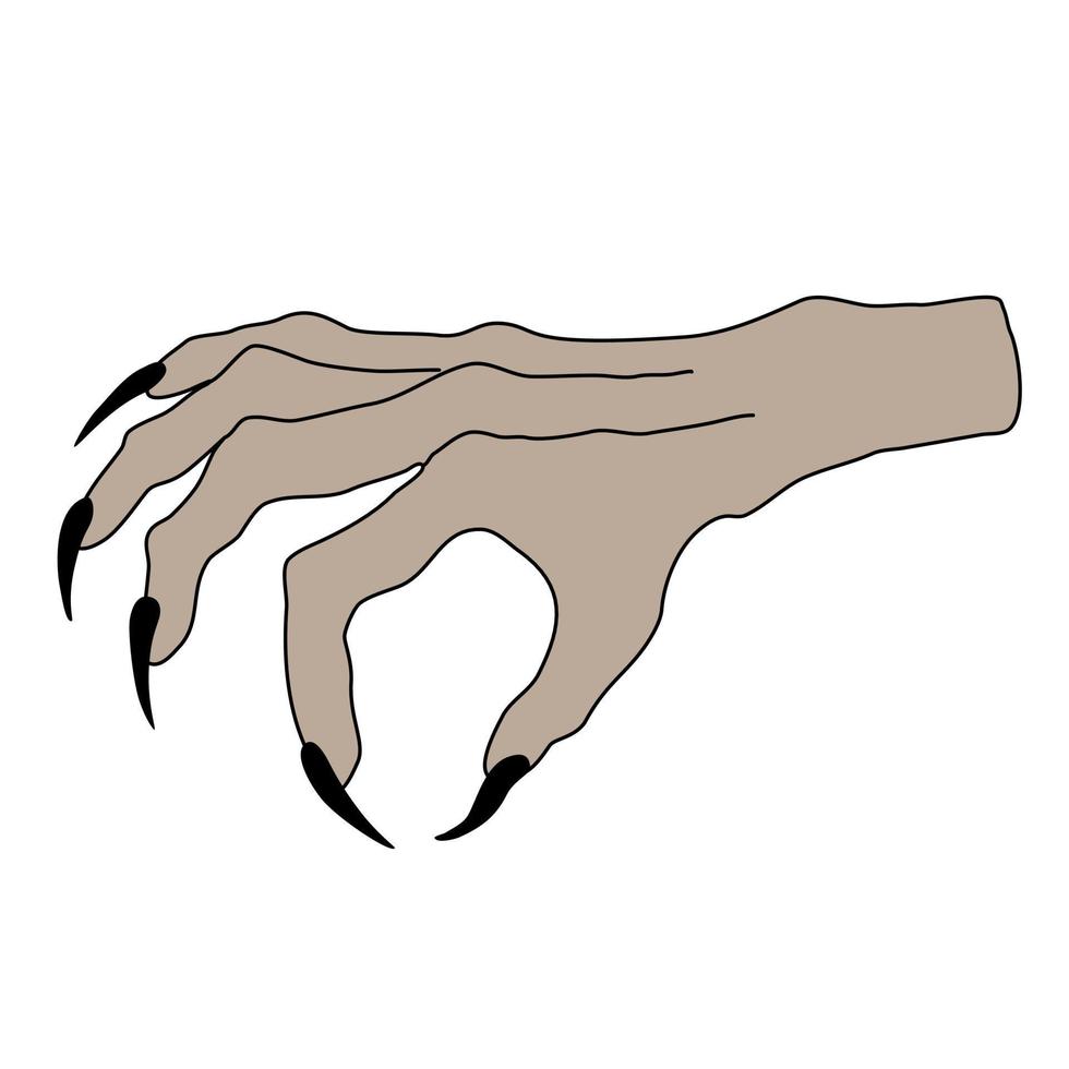 Creepy hand with ugly fingers and sharp nails vector illustration. Halloween symbol and design element.