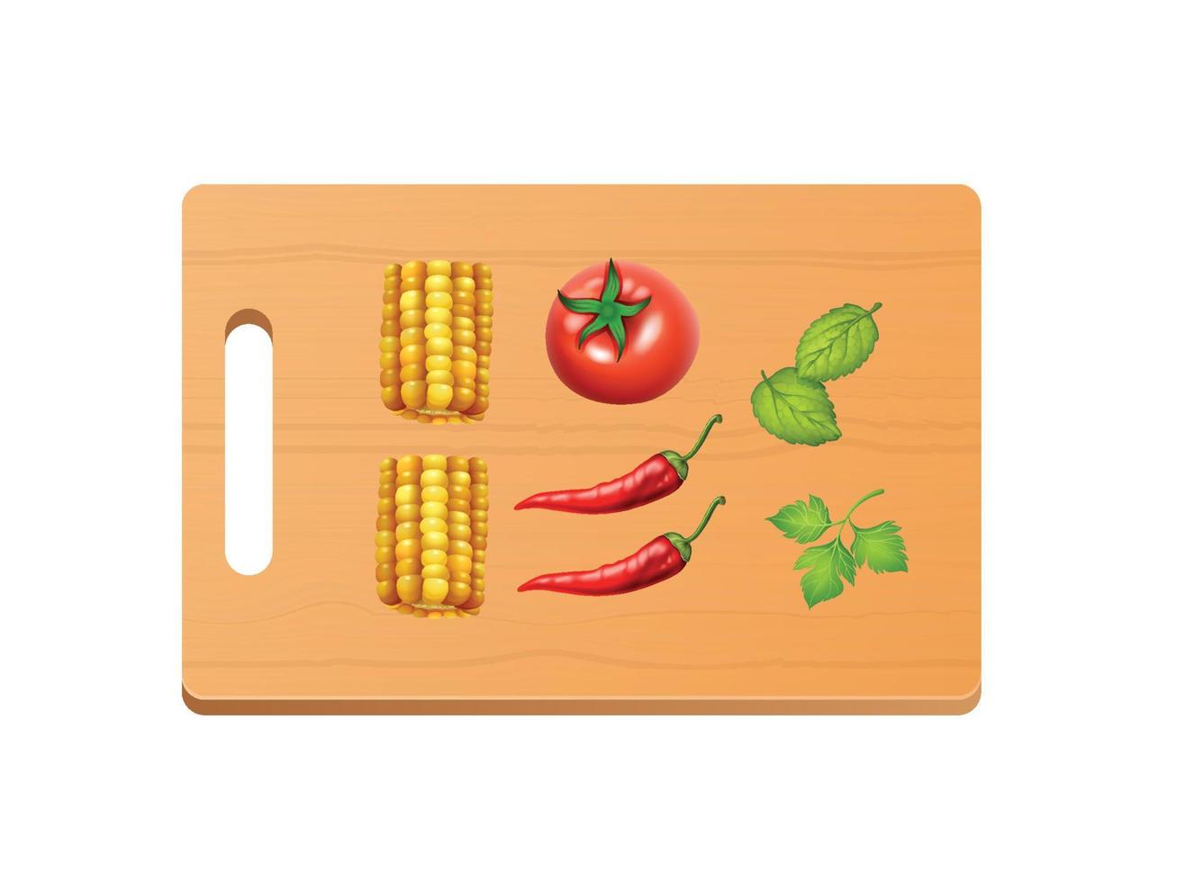 corn chunks, tomato, chili, rosmery, garlic. chopping board wooden background. Top view vector