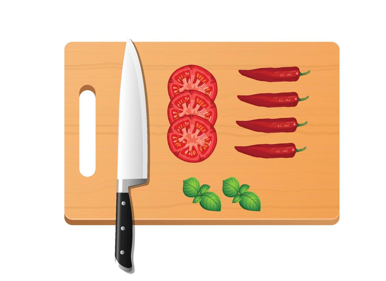 Tomato slices with chili. chopping board wooden background. Top view vector