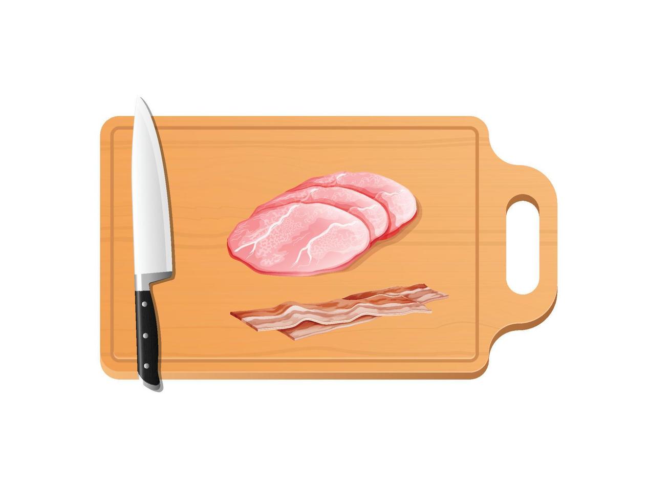 Raw pork slices. chopping board wooden background. Top view vector