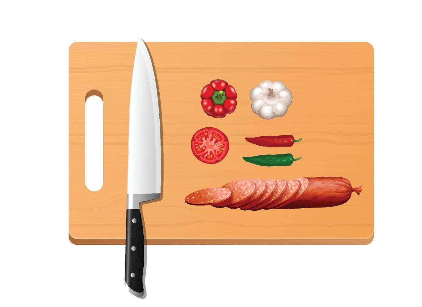 Slices of processed meat with various spices. chopping board wooden background. Top view vector