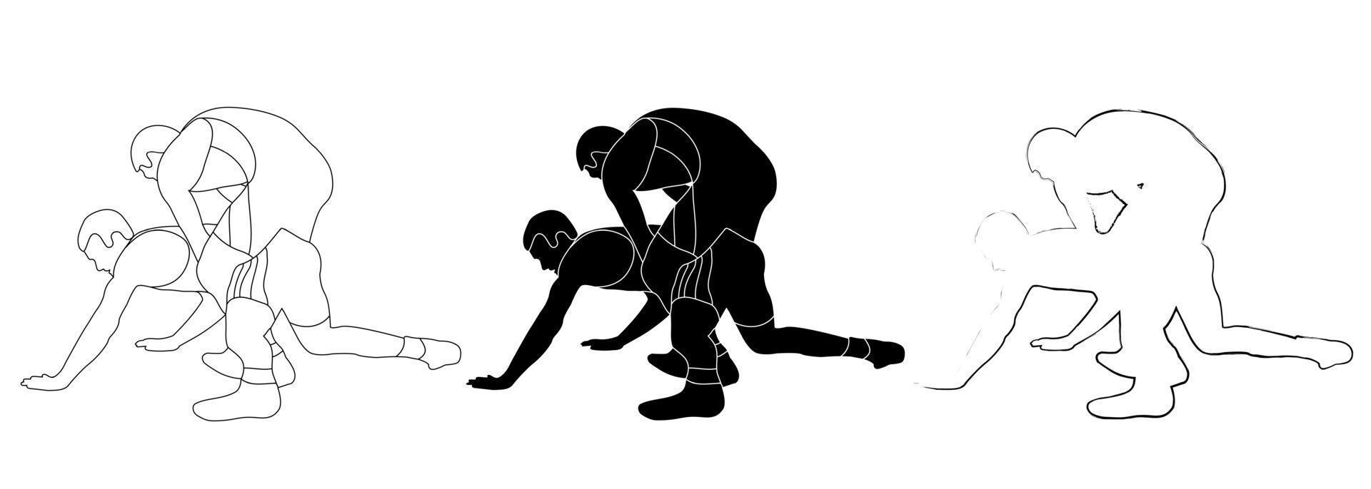 esbozar la silueta en blanco y negro de un atleta luchador en la lucha, la celebración, el agarre. garabatear dibujo de líneas en blanco y negro. vector