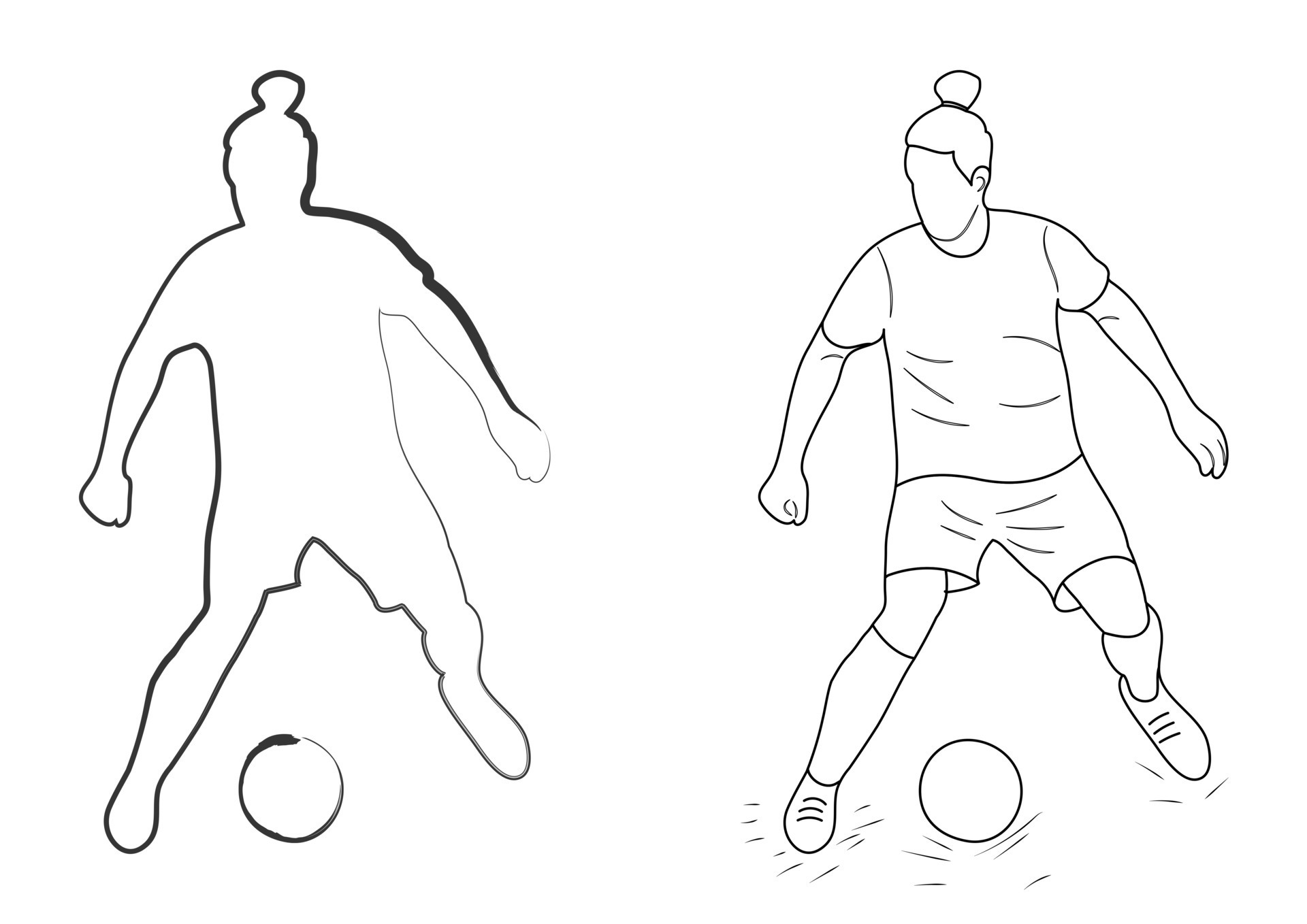 Sketch drawing, silhouette outline, sportsman footballer in ball 
