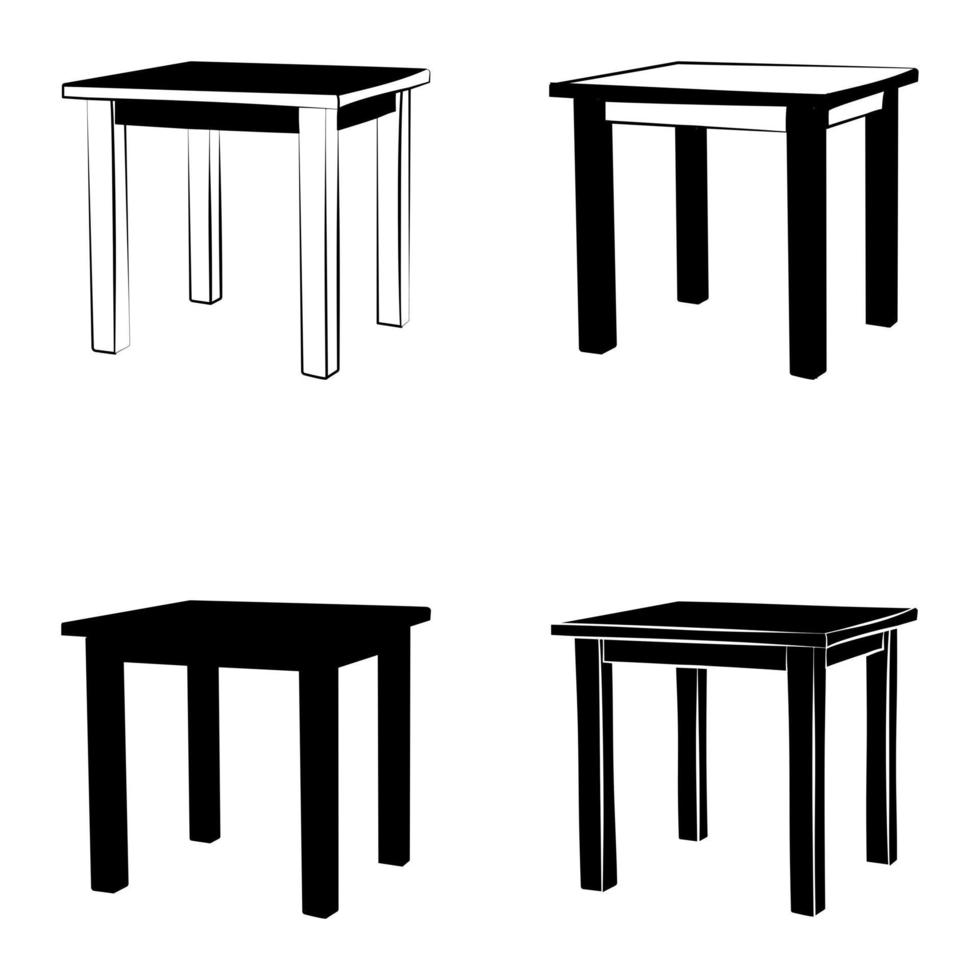 conjunto, silueta de contorno, mesa, escritorio, mesa de dieta, escritorio, mesa de cocina, mueble, vector aislado.