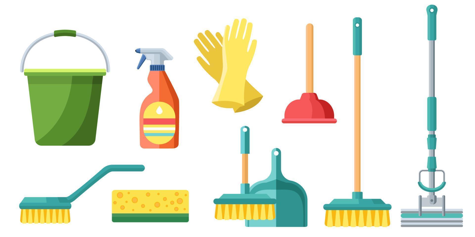 Collection set of cleaning supplies mop broom bucket rubber gloves plunger and sponge vector