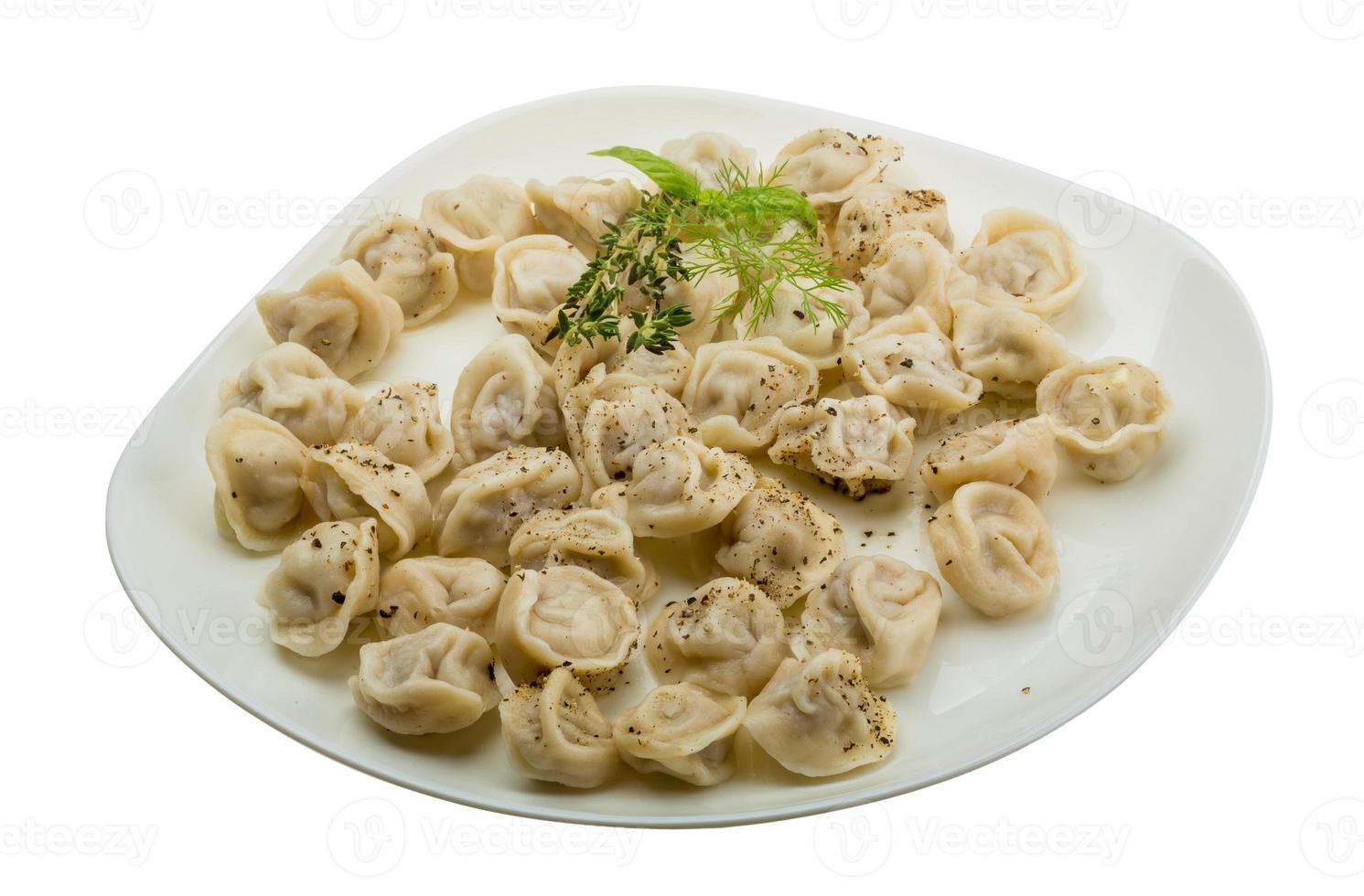 Russian dumplings on the plate and white background photo