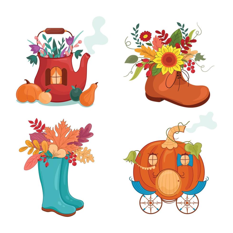 ilustración vectorial juego de otoño con botas, carro, tetera, calabaza, girasol, entrenador, verduras vector