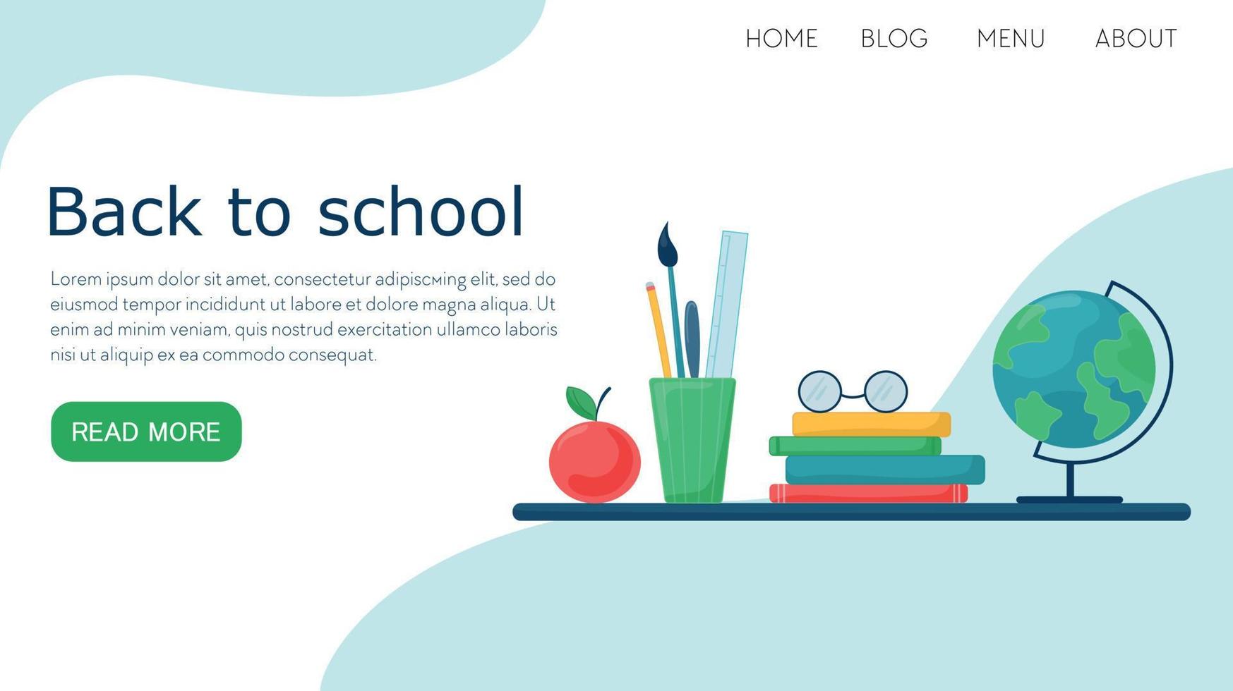 Vector flat illustration landing page or template back to school subjects on table globe, glasses, ruler, apple, pencil, brushes, books.