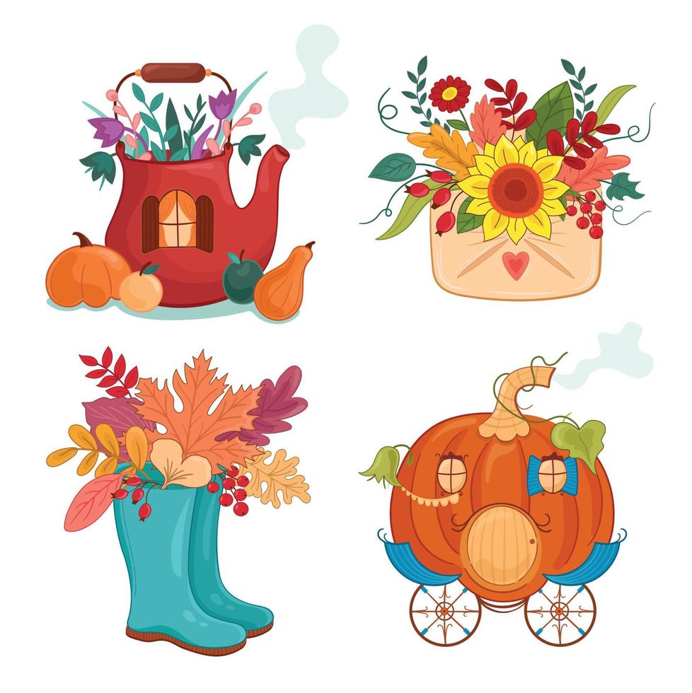 Vector illustration autumn set with boots, chariot, kettle, pumpkin, sunflower, coach, vegetables