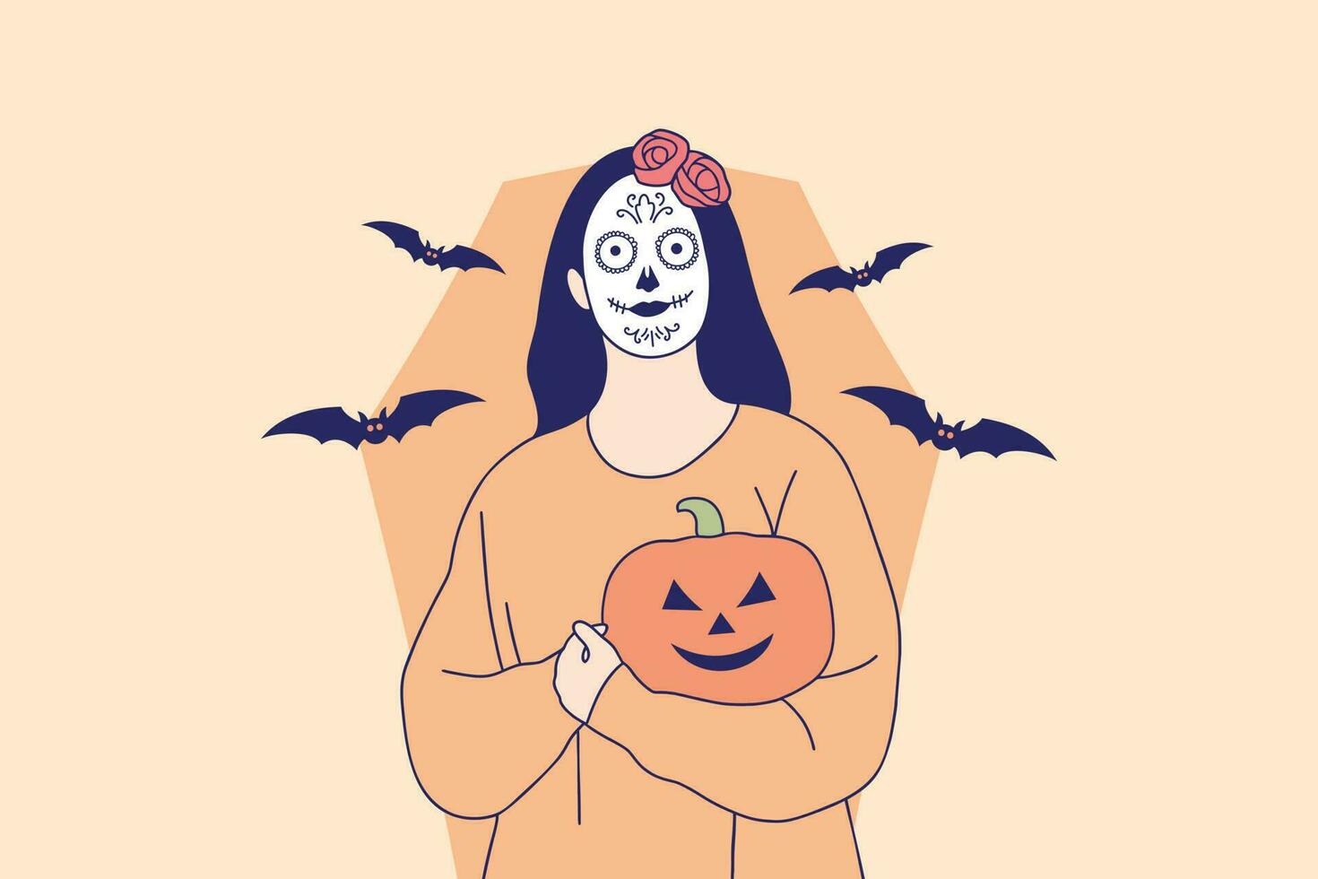 ilustraciones de hermosa mujer joven con maquillaje de calavera sosteniendo calabaza jack o linterna para el concepto de carnaval de halloween vector