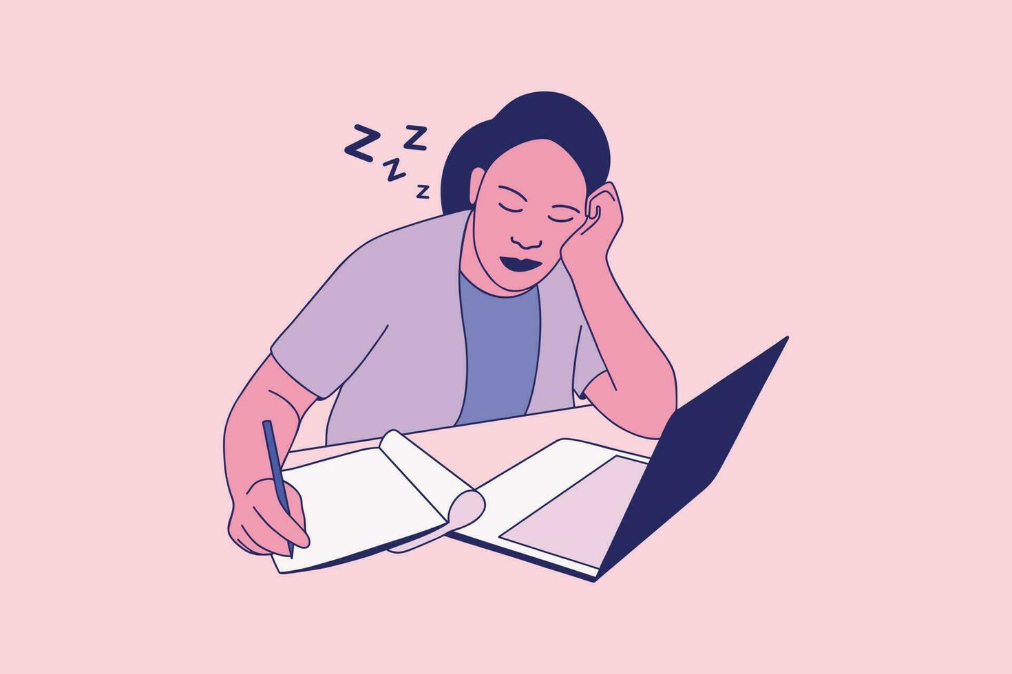 Illustrations of Beautiful tired business woman fall asleep on desk with laptop and book vector