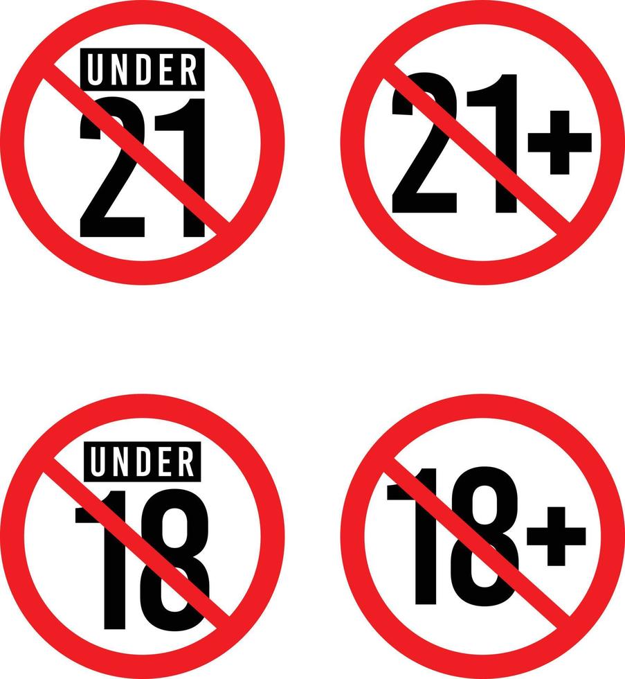 Age Restriction Sign Set. Under 21, 21 and Over. Under 18, 18 Plus. Not Allowed Sign vector