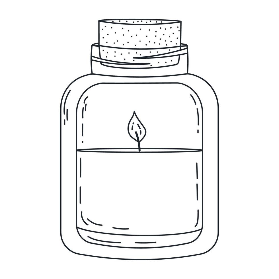 Candle in a jar with a cork lid. Icon in hand drawn style. Doodle. Vector stock illustration. Romantic evening, birthday and spa. isolated. Incense