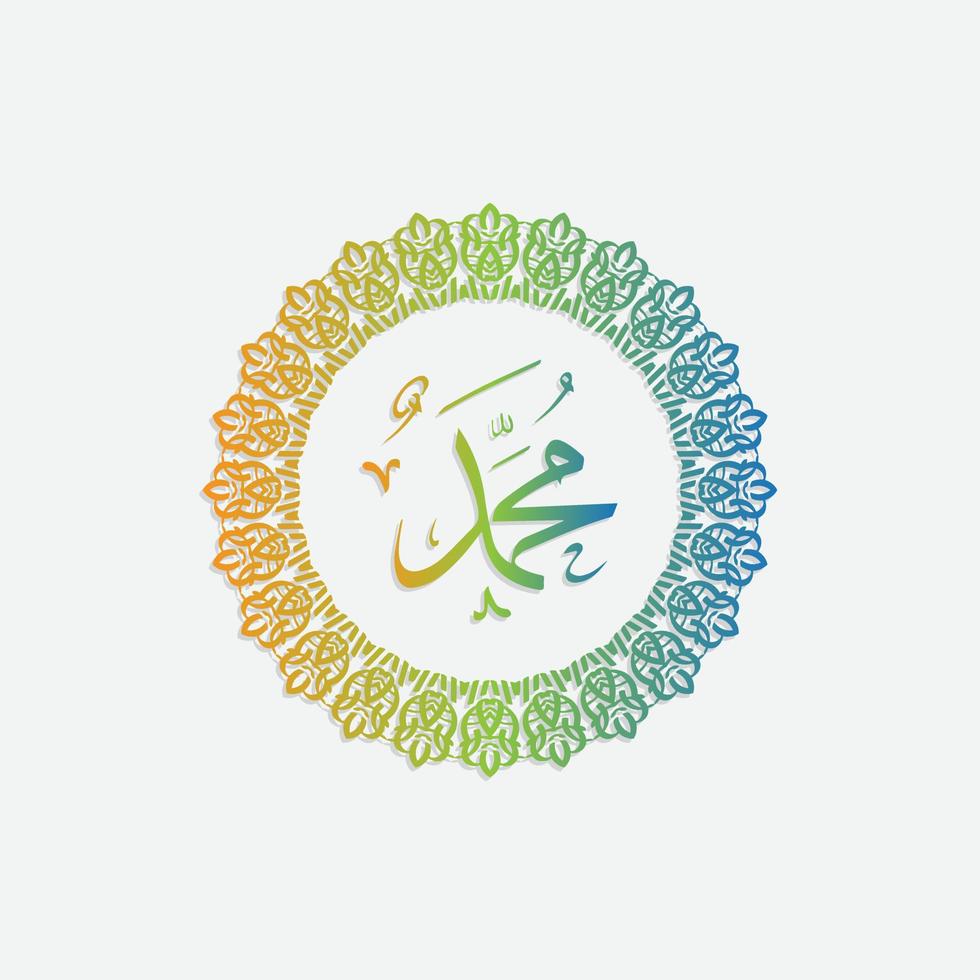 Prophet Muhammad, Peace Be upon Him in Arabic calligraphy Muhammad Birthday with circle frame and gradient color, for greeting, card and social media vector