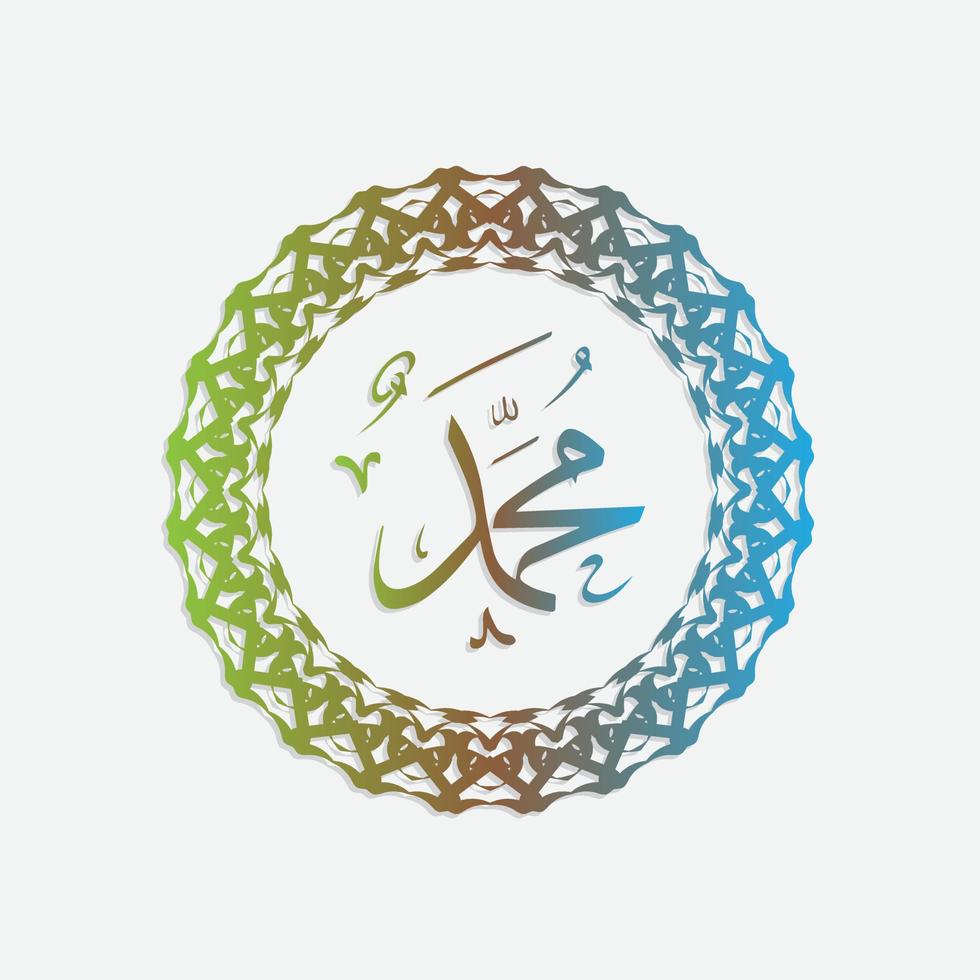 Prophet Muhammad, Peace Be upon Him in Arabic calligraphy Muhammad Birthday with circle frame and gradient color, for greeting, card and social media vector