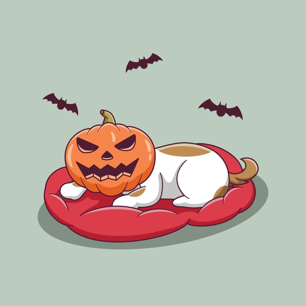 Cute Lying Down Dog Cartoon Wearing Pumpkin Mask. Dog Mascot Cartoon Character. Halloween Icon Concept. Flat Cartoon Style Suitable for Web Landing Page, Banner, Flyer, Sticker, Card vector