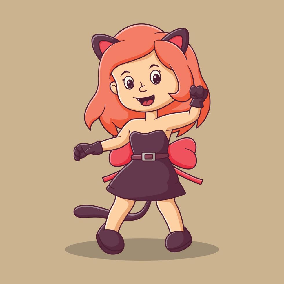 linda caricatura de niña con disfraz de gato celebrando halloween. personaje de dibujos animados de la mascota de la bruja. icono de halloween concepto blanco aislado. estilo de caricatura plana adecuado para la página de destino web, banner, volante vector