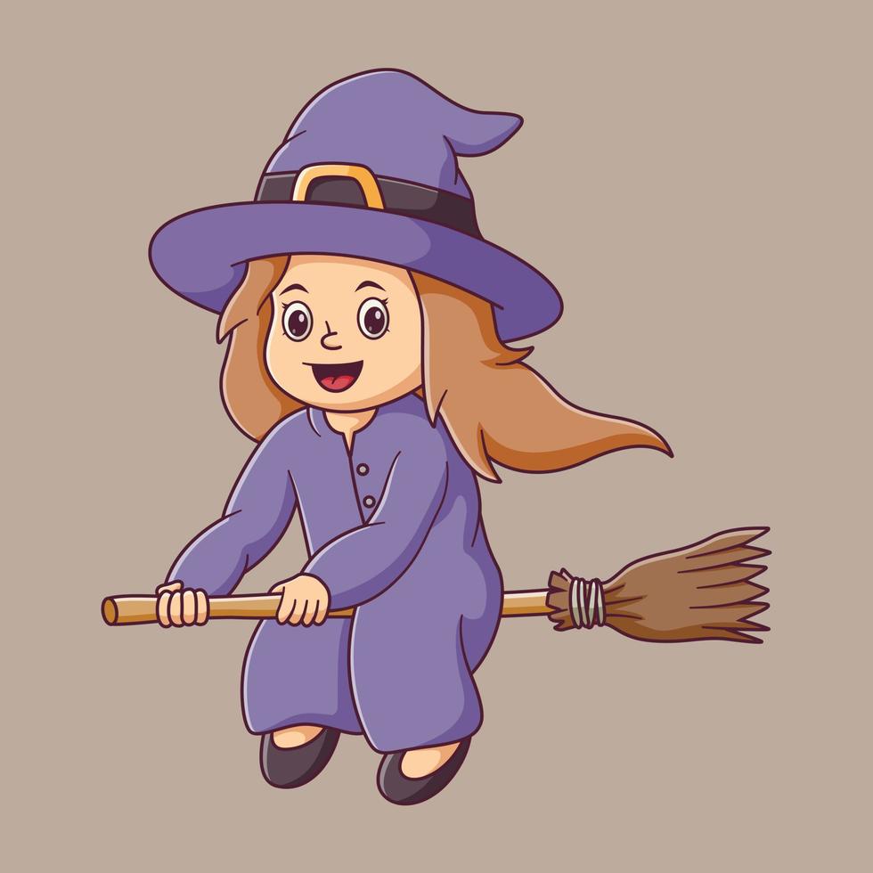 Cartoon Flying red witch riding a broom. Witch Mascot Cartoon Character. Halloween Icon Concept White Isolated. Flat Cartoon Style Suitable for Web Landing Page, Banner, Flyer, Sticker, Card vector