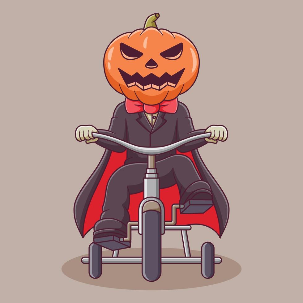 niño de dibujos animados con traje de calabaza andando en bicicleta. personaje de dibujos animados de mascota de calabaza. icono de halloween concepto blanco aislado. estilo de caricatura plano adecuado para la página de inicio web, pancarta, volante, pegatina vector