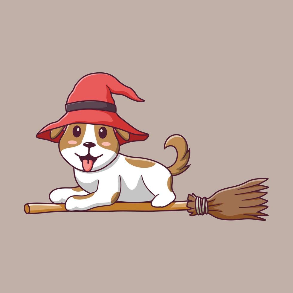 lindo perro de dibujos animados acostado con sombrero de bruja montando una escoba. personaje de dibujos animados de mascota de perro. concepto de icono de halloween. estilo de caricatura plano adecuado para la página de inicio web, pancarta, volante, pegatina, tarjeta vector