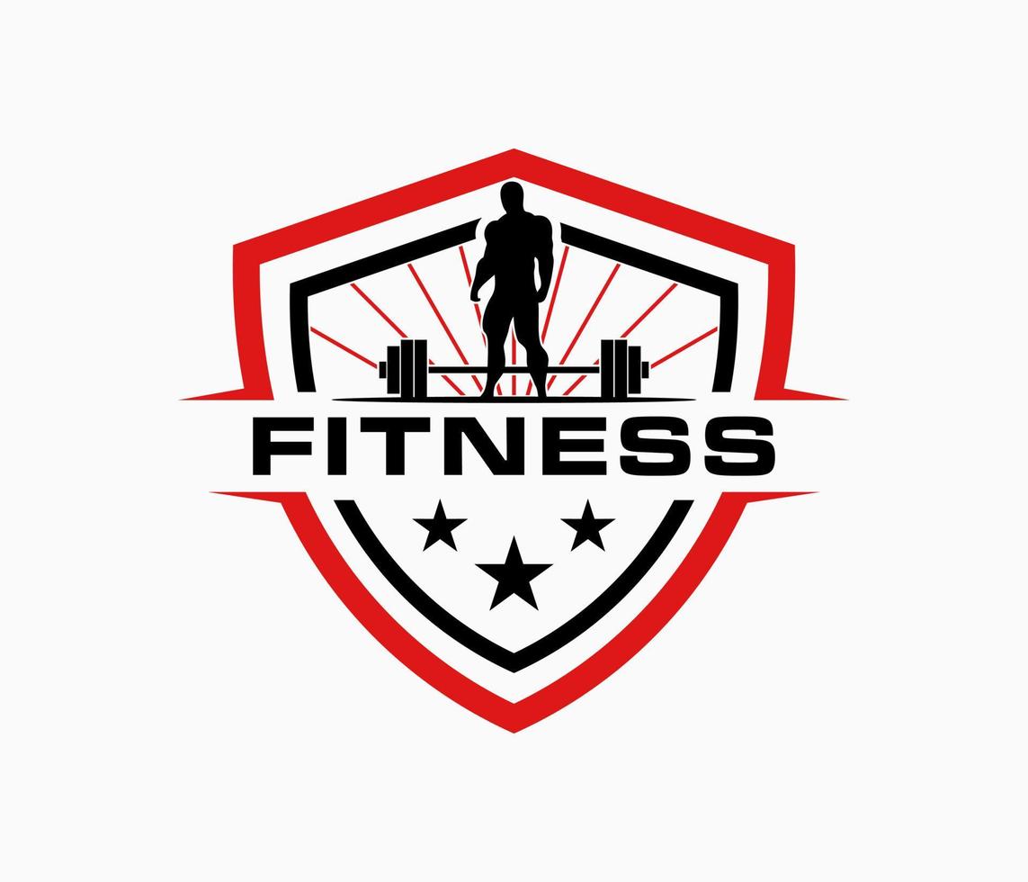 estudio de diseño de logotipo de gimnasio de fitness con vector de diseño de escudo de símbolo de hombre musculoso