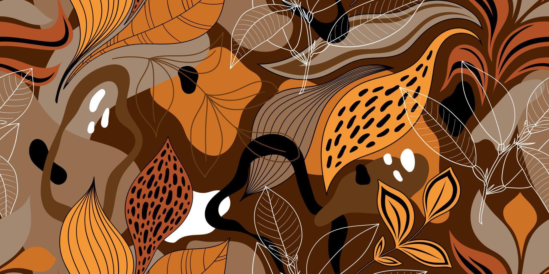 VECTOR SEAMLESS BROWN BACKGROUND WITH MULTICOLORED ABSTRACT SPOTS AND TWIGS