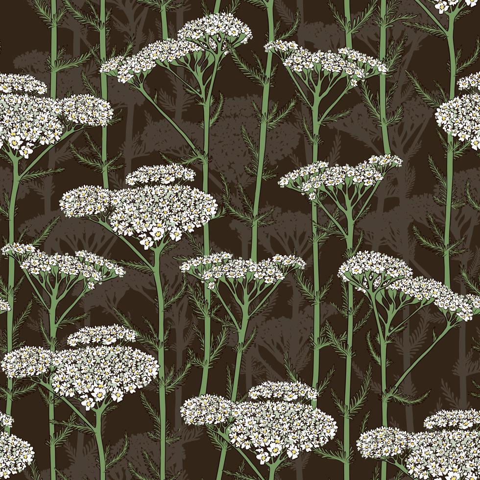 SEAMLESS BROWN VECTOR PATTERN WITH BLOOMING WHITE YARROW