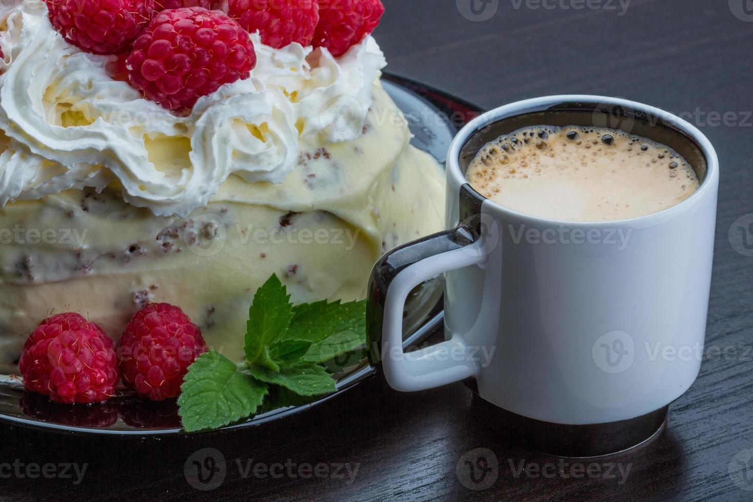 Coffee with raspberry cake photo