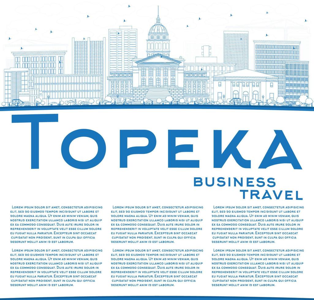 Outline Topeka Skyline with Blue Buildings and Copy Space. vector