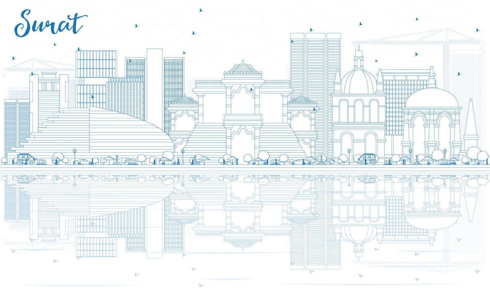 Outline Surat Skyline with Blue Buildings and Reflections. vector