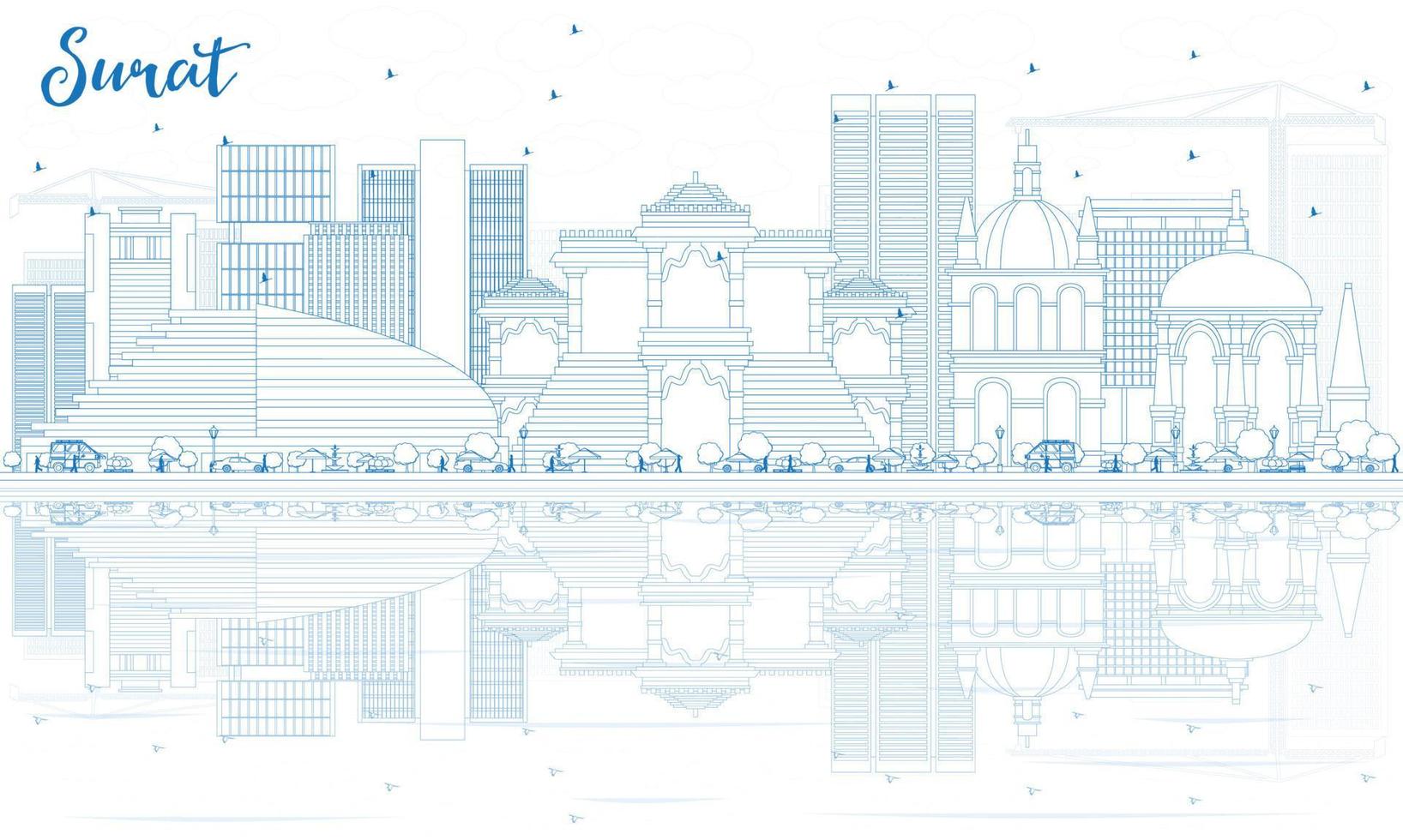 esbozar el horizonte surat con edificios azules y reflejos. vector