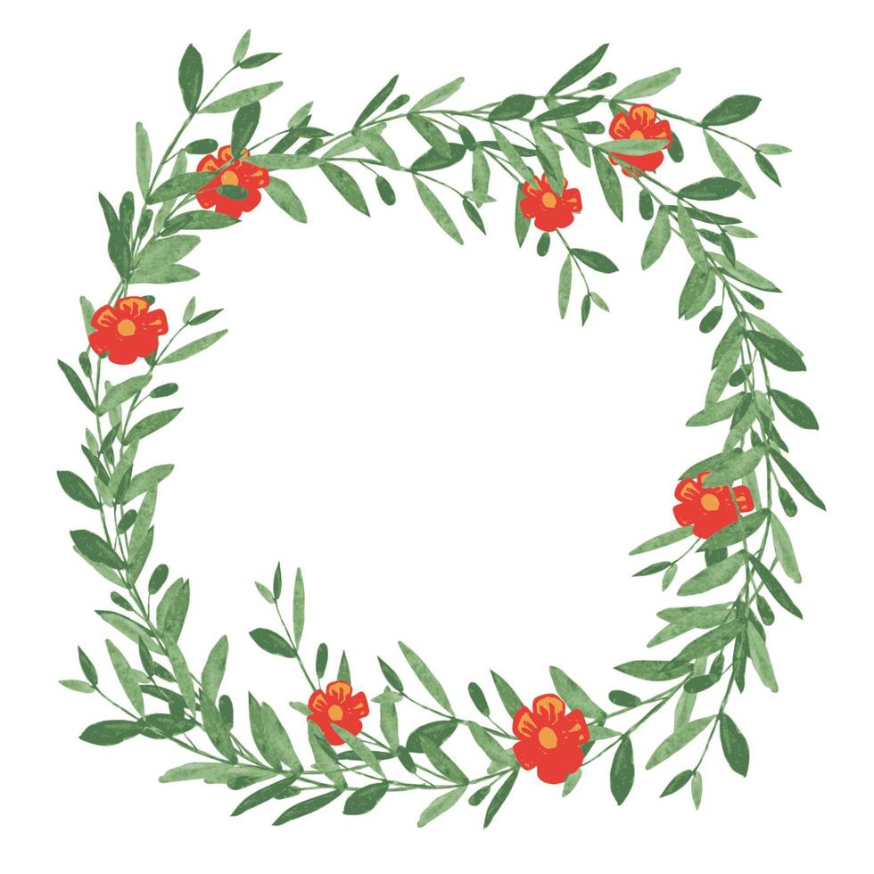 Watercolor olive wreath with red flower. Isolated vector illustration.