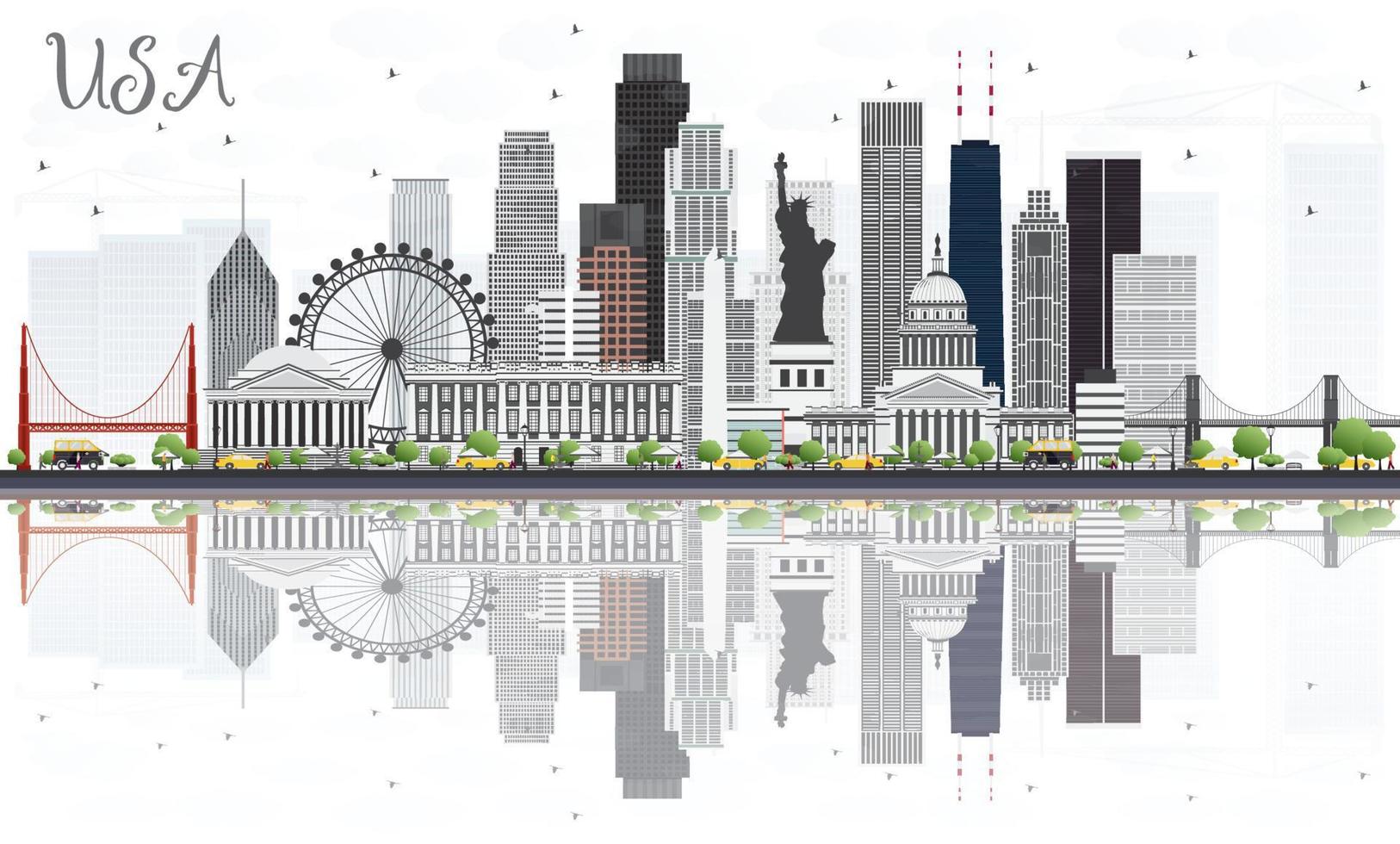 USA Skyline with Gray Skyscrapers, Landmarks and Reflections. vector